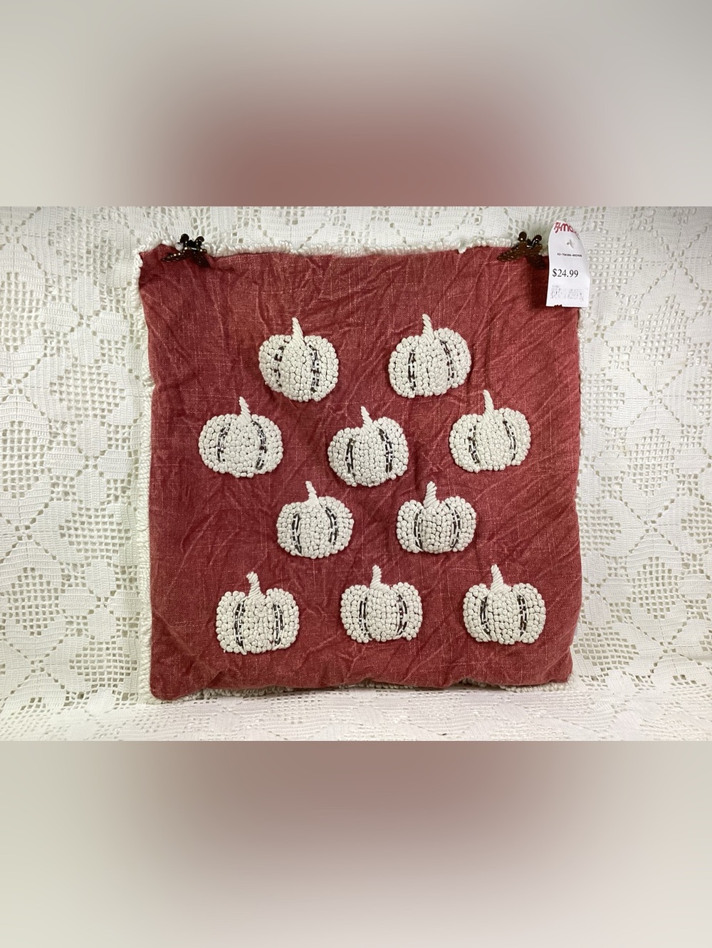 Embroidered White Pumpkin Accent Pillow Cover on Rust Red